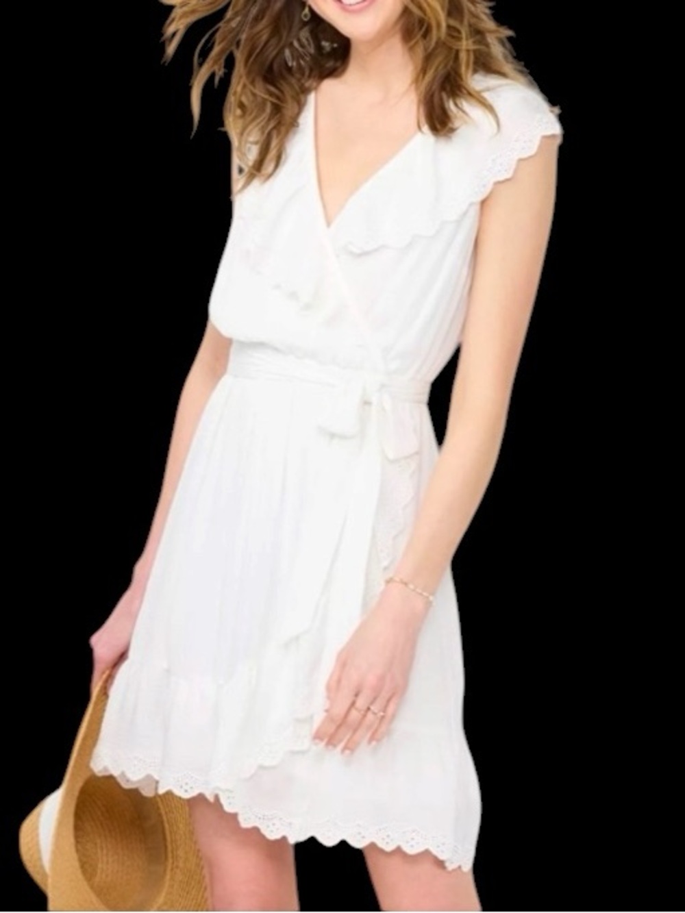 Lauren Conrad Waterfall Ruffle Wrap Dress w/ Eyelet Trim, Elastic Waist White SM